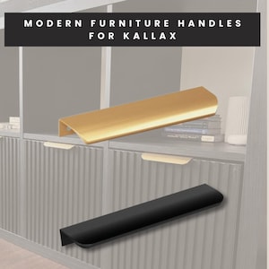 May include: Two metal furniture handles for Kallax shelving units, one in a brushed gold finish and one in a matte black finish. The handles feature a long, slim, L-shaped profile designed to mount onto the edge of cabinet doors or drawers.