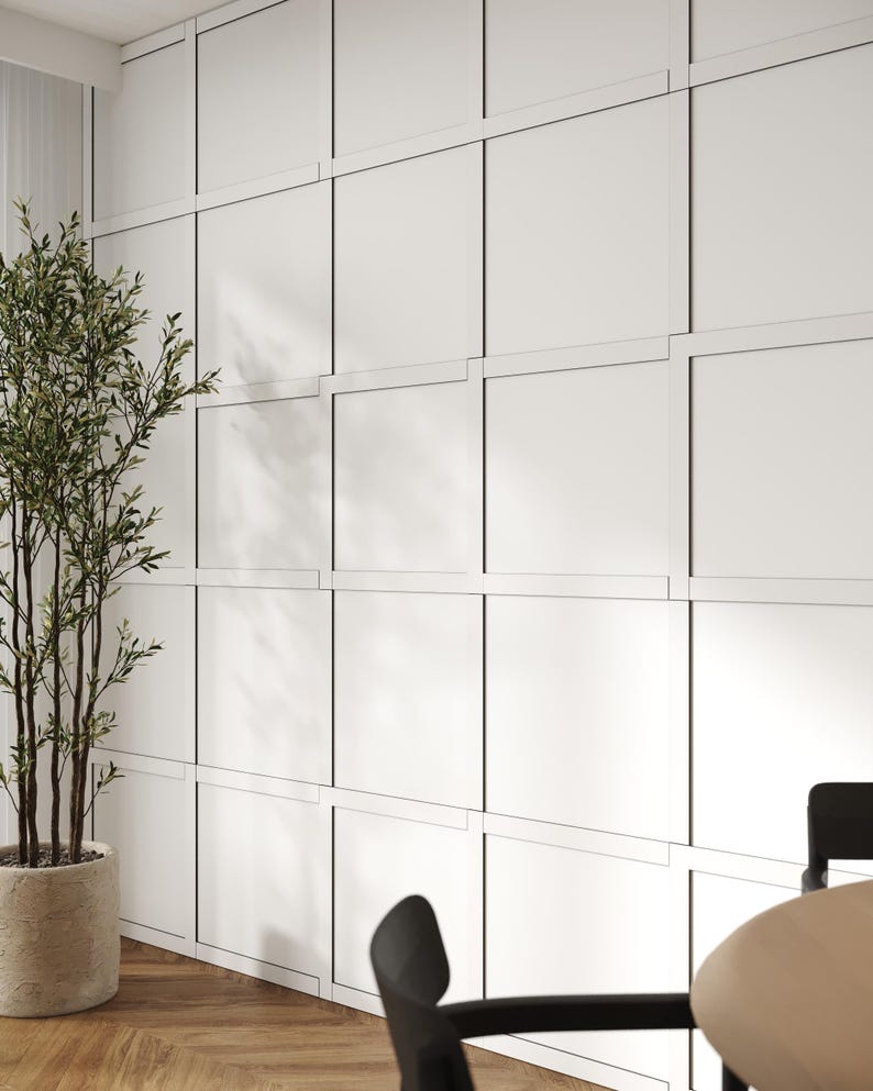 May include: A white wall with a grid pattern of black lines. The wall is divided into squares, creating a modern and minimalist design. A potted plant is in the foreground, and a black chair and a table are partially visible.