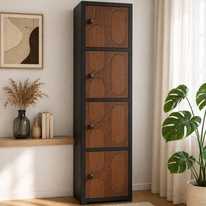 May include: A tall, narrow storage cabinet with a black frame and four stacked doors. Each door is made of medium-toned wood featuring vertical slats and embossed oval shapes. Each door has a small, round, black knob for opening and closing.