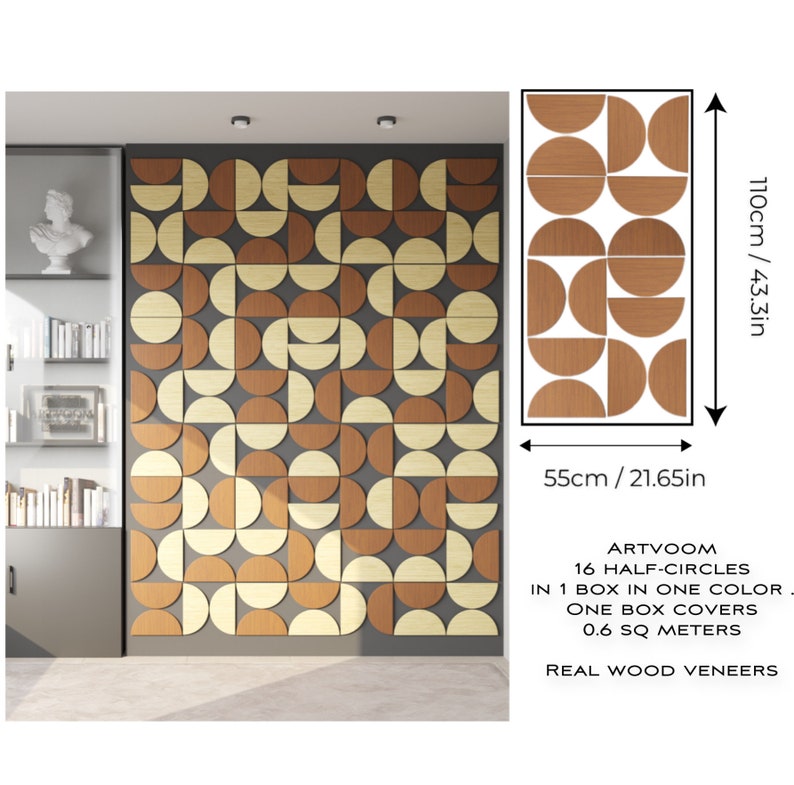 May include: A set of 16 wooden half-circles in two shades of brown, arranged in a geometric pattern. The set covers 0.6 square meters and is made of real wood veneers. The text "ARTVOOM 16 HALF-CIRCLES IN 1 BOX IN ONE COLOR ONE BOX COVERS 0.6 SQ METERS REAL WOOD VENEERS" is printed below the image.
