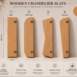 Może przedstawiać: Cztery jasne drewniane listwy do żyrandola wykonane z naturalnego forniru dębowego, oznaczone jako Slats, Half Circle, X i Diamond. Każdy element ma wymiary 160 mm na 40 mm. Obraz zawiera tekst opisujący cechy takie jak precyzyjne cięcie i montaż.