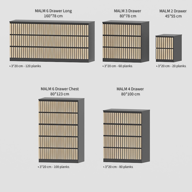 Furniture drawer overlay, slat wall panel,set of decorative wooden slats 3cm wide, ikea malm overlay,malm sticker,wooden furniture appliques image 2