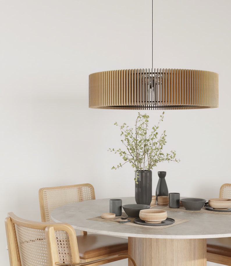 Lampadario a sospensione rotondo con lamelle per soffitti bassi, illuminazione notturna rilassante, lampadario in legno scandinavo per la cameretta dei bambini. immagine 8