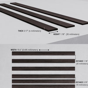 May include: Five dark brown wooden planks stacked on top of each other. The planks are 19.4 inches wide, 1.18 inches high, and 0.17 inches thick. The planks are spaced 1.18 inches apart, with a smaller space of 0.39 inches between the top two planks.