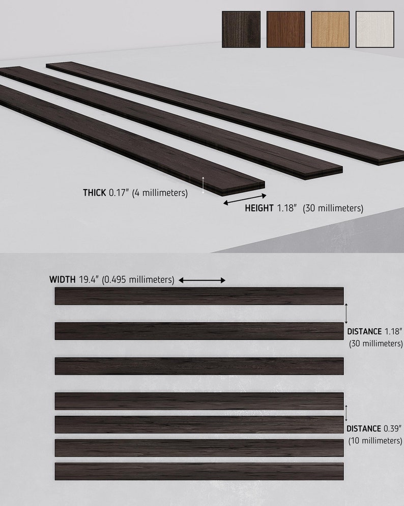 May include: Five dark brown wooden planks stacked on top of each other. The planks are 19.4 inches wide, 1.18 inches high, and 0.17 inches thick. The planks are spaced 1.18 inches apart, with a smaller space of 0.39 inches between the top two planks.