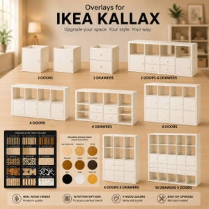 May include: White storage unit inserts for IKEA KALLAX shelving, including various configurations of doors and drawers. A pattern selection chart and a colour palette chart are displayed, showing 15 pattern options and 9 wood veneer colour choices.