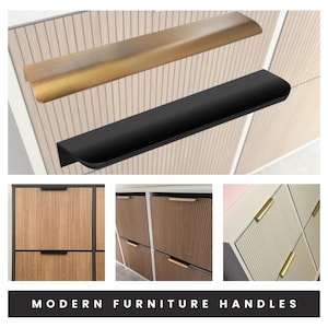 May include: Modern furniture handles in gold and black. The image shows two handles, one gold and one black, with examples of the handles fitted to cabinets. The text "MODERN FURNITURE HANDLES" is at the bottom.