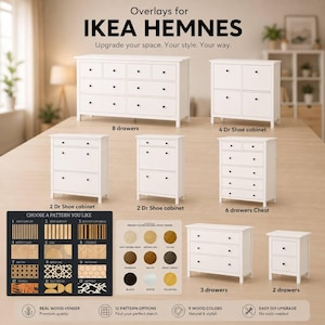 Può includere: Una collezione di mobili bianchi IKEA HEMNES che include cassettiere, scarpiere e comodini. Una tabella di selezione dei motivi mostra dodici design in impiallacciatura di legno e una tavolozza di colori presenta nove opzioni di finitura.