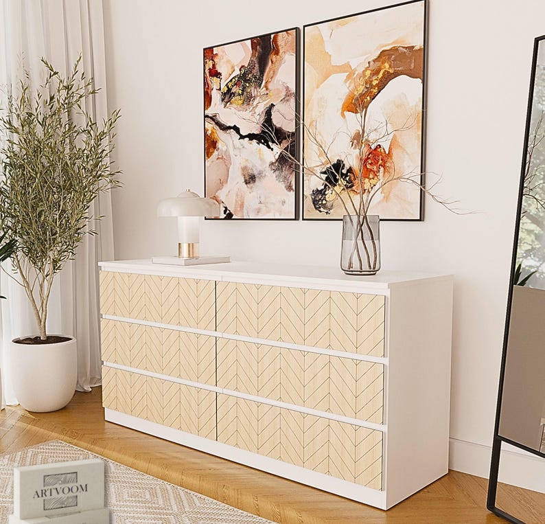 Malm Kommode Overlay Fischgrätmuster, Möbel Schublade Overlay, Fischgrätmuster, Chevron Brettchen, Ikea Hack, Möbel Aufkleber, Malm Kommode Bild 1