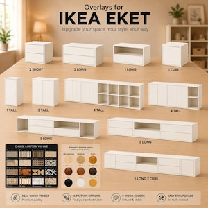Puede incluir: Una colección de revestimientos blancos para muebles de almacenamiento IKEA EKET, que muestra varias configuraciones como 2 short, 2 long, 1 long, 1 cube, 1 tall, 2 tall, 4 tall, 3 long, 5 long y 5 long 2 cubs, con una tabla de patrones y colores.