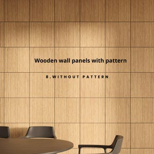 May include: Wooden wall panels with a natural wood grain pattern. The panels are arranged in a grid, creating a modern aesthetic. Text on the image reads: "Wooden wall panels with pattern" and "8. WITHOUT PATTERN".