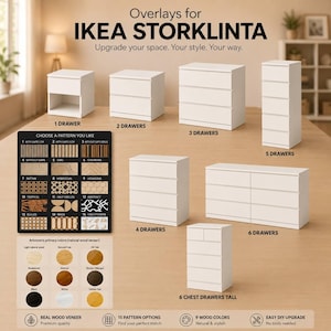 May include: A collection of white IKEA Storklinta furniture units with varying drawer configurations from one to six drawers. A black pattern selection chart displays fifteen designs, and a colour palette shows nine wood veneer options.