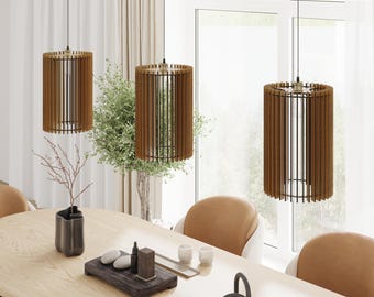 Drewniana lampa wisząca w stylu japońskim – minimalistyczny żyrandol skandynawski, drewniana lampa w neutralnych odcieniach, oprawa z listewkami z jasnego dębu do wnętrz w stylu zen