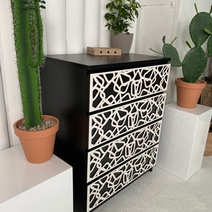 Malm dresser panels with abstract pattern, minimalistic style, wooden furniture overlays, decoration for dresser, ikea hacks, malm drawer