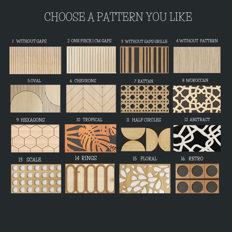 K&ouml;nnte beinhalten: Ein Raster aus sechzehn rechteckigen Holzpaneelmustern mit der &Uuml;berschrift CHOOSE A PATTERN YOU LIKE. Die Muster umfassen vertikale Lamellen, Fischgr&auml;ten, Rattan, marokkanische Designs, Sechsecke, tropische Bl&auml;tter, Halbkreise, abstrakte Linien, Schuppen, Ringe, florale Motive und Retro-Kreise.