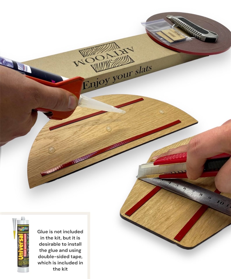 May include: A close-up of a wooden slat wall kit with red adhesive tape and a utility knife. The kit includes instructions on how to install the slats. The text "Enjoy your slats" is printed on the box. Glue is not included in the kit, but it is desirable to install the glue and using double-sided tape, which is included in the kit.