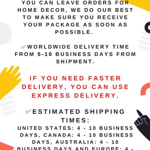 ✅ESTIMATED SHIPPING TIMES:
United States: 4 - 10 business days, Canada: 4 - 10 business days, Australia: 4 - 10 business days and Europe: 4 - 10 business days