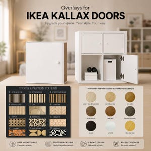 Può includere: Rivestimenti bianchi per ante di scaffali IKEA KALLAX. L'immagine mostra un'anta campione, un'unità a quattro cubi con un'anta montata e una tabella che illustra dodici opzioni di motivi in legno e nove finiture di colore in impiallacciatura.