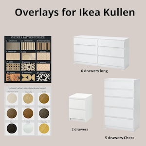 Könnte beinhalten: Ein weißer IKEA Kullen Kleiderschrank mit sechs Schubladen, ein weißer IKEA Kullen Kleiderschrank mit fünf Schubladen und ein weißer IKEA Kullen Kleiderschrank mit zwei Schubladen. Das Bild zeigt auch eine Tabelle mit verschiedenen Holzfurniermustern und -farben.