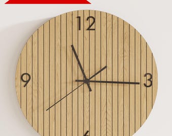 May include: A round wall clock with a light wood grain finish and vertical black lines. The clock face features black numerals at the 3, 6, 9, and 12 o'clock positions, with black hour, minute, and second hands. A red banner at the top reads BEST SELLER.