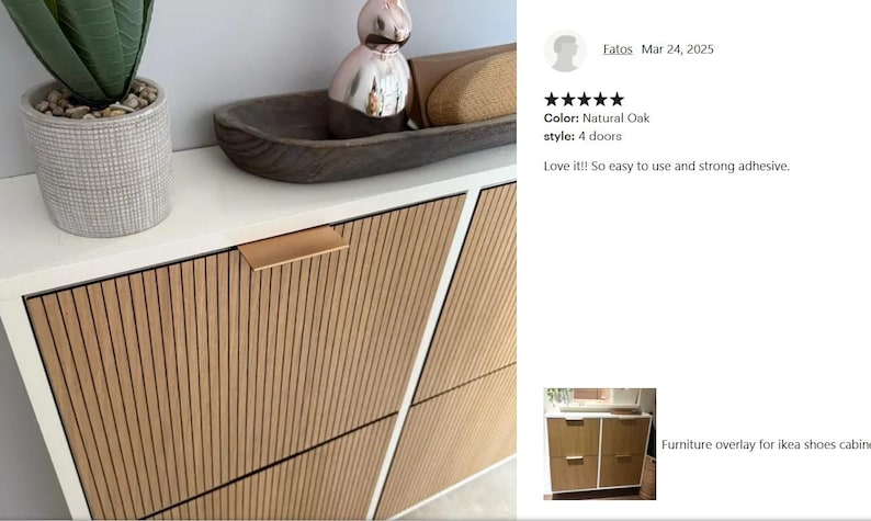 May include: A natural oak shoe cabinet with four doors. The cabinet features a vertical slat design on the doors and a rectangular gold-toned handle. A decorative succulent in a textured pot and a wooden bowl are on top.