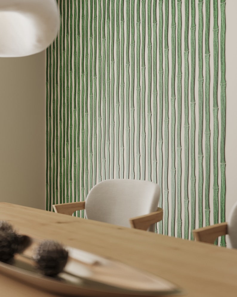 May include: A wooden dining table with two white chairs. The wall behind the table has a green and white bamboo print wallpaper.