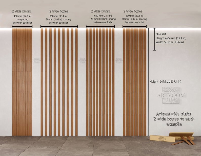 The picture shows wooden wall laths of 2 packages with different distances between each other (without a gap, with 50 mm, 25 mm, 10 mm). This picture will help you calculate the number of boxes for the size of your wall.