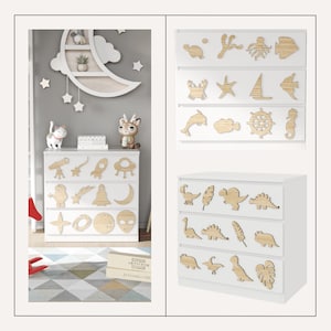 Wooden kids stiсkers, furniture overlays for ikea malm dresser, wooden nursery decoration, refurbished chest of drawer, dresser applique