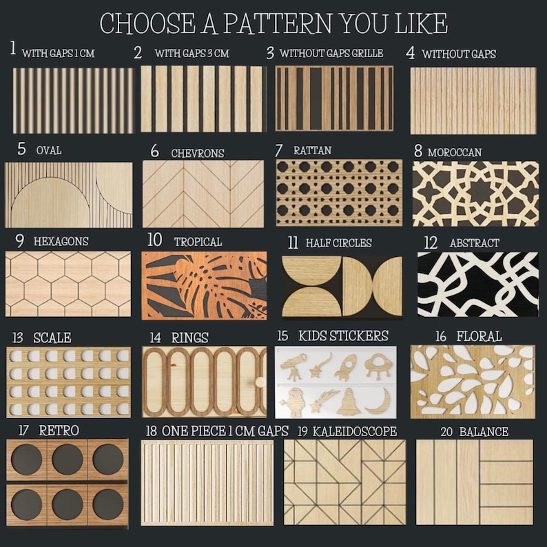 Op de afbeelding: Een raster van 20 genummerde houtpatroonmonsters met het label CHOOSE A PATTERN YOU LIKE. Ontwerpen omvatten verticale latten met openingen van 1cm of 3cm, roosters, chevrons, rotan, Marokkaans, zeshoeken, tropische bladeren, halve cirkels, abstract, schubben, ringen, kinderstickers, bloemen, retro en caleidoscoop.