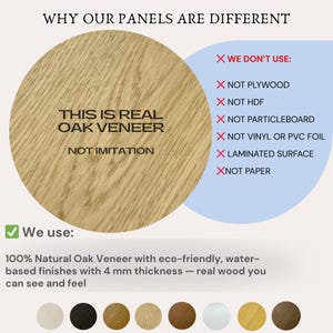 K&ouml;nnte beinhalten: Ein kreisf&ouml;rmiges Muster aus hellem Eichenfurnier mit sichtbarer Holzmaserung. Der Text lautet: THIS IS REAL OAK VENEER NOT IMITATION. Eine Liste ausgeschlossener Materialien umfasst Sperrholz, HDF, Spanplatten, Vinyl, PVC-Folie, Laminat und Papier. 4 mm.