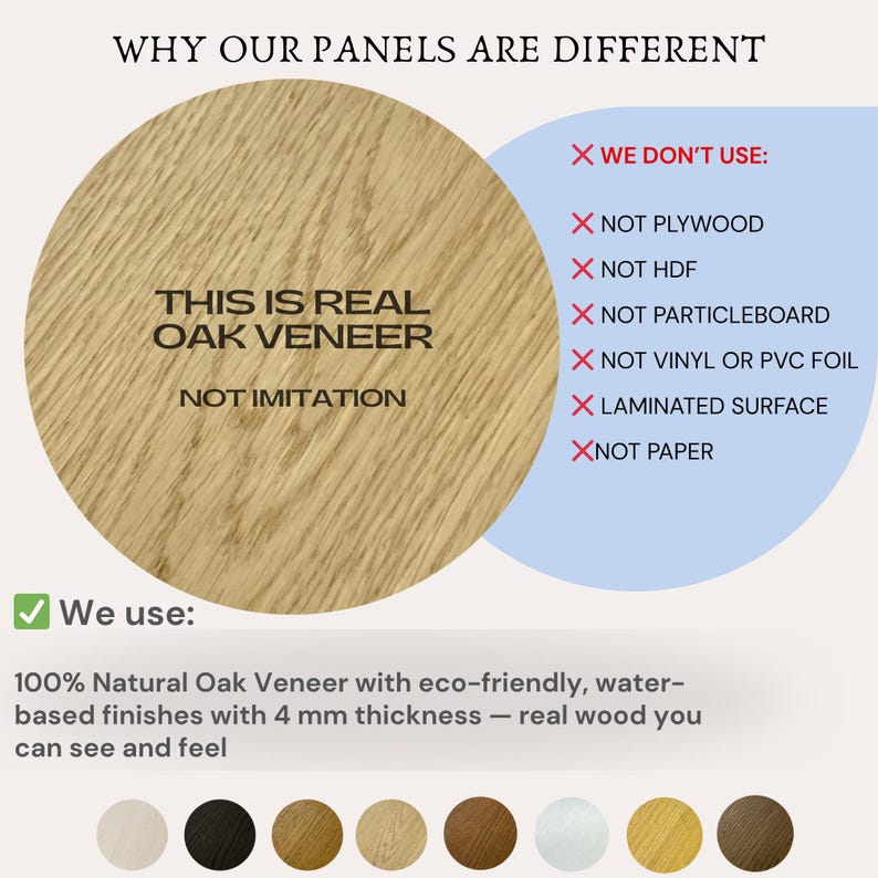 K&ouml;nnte beinhalten: Ein kreisf&ouml;rmiges Muster aus hellem Eichenfurnier mit sichtbarer Holzmaserung. Der Text lautet: THIS IS REAL OAK VENEER NOT IMITATION. Eine Liste ausgeschlossener Materialien umfasst Sperrholz, HDF, Spanplatten, Vinyl, PVC-Folie, Laminat und Papier. 4 mm.