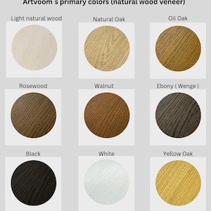 May include: Nine wood veneer samples in circles, showing different colors and wood grain patterns. The colors are light natural wood, natural oak, oil oak, rosewood, walnut, ebony, black, white, and yellow oak.