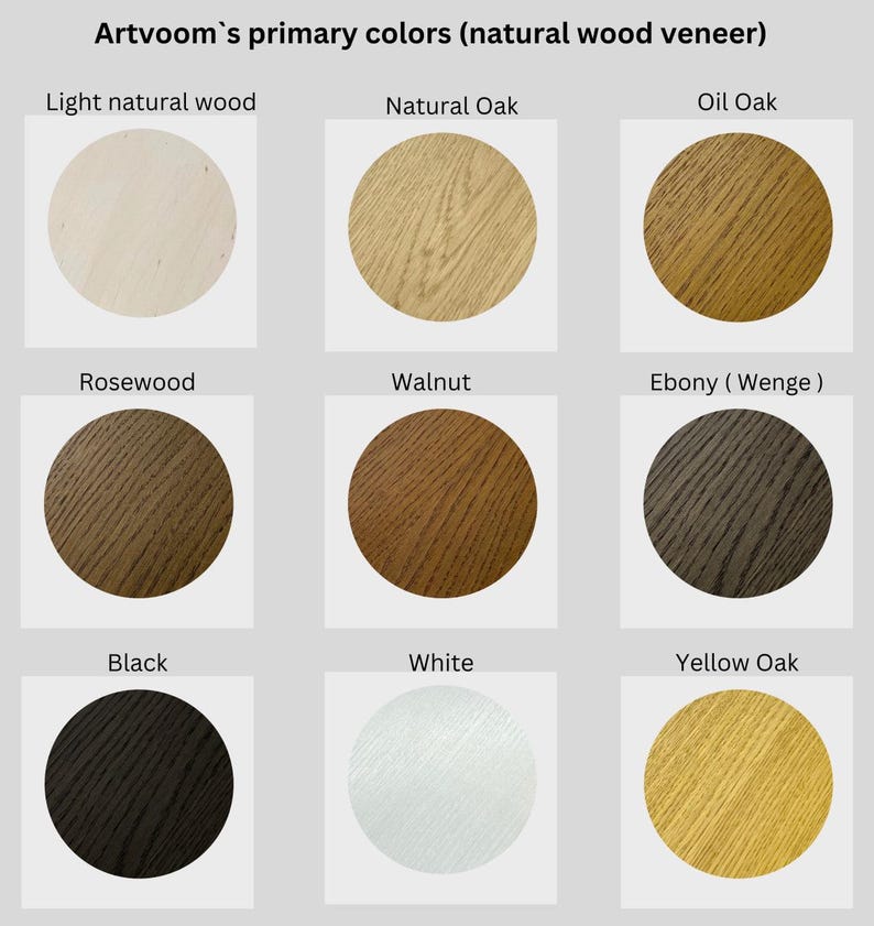 May include: Nine wood veneer samples in circles, showing different colors and wood grain patterns. The colors are light natural wood, natural oak, oil oak, rosewood, walnut, ebony, black, white, and yellow oak.