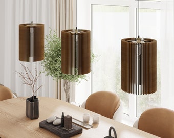 Wood Pendant Japandi Style - Minimalist Scandi Chandelier, Neutral Tones Wooden Lamp, Light Oak Slat Fixture for Zen Interior Decor