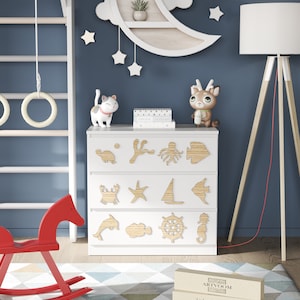 Wooden nautical stikers, furniture overlays for ikea malm dresser, wooden animal decoration, nursery decor, refurbished chest of drawer