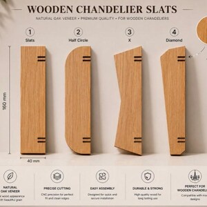 Pu&ograve; includere: Quattro listelli in legno chiaro per lampadari in impiallacciatura di rovere naturale, etichettati come Slats, Half Circle, X e Diamond. Ogni pezzo misura 160 mm per 40 mm. L'immagine include testo che descrive caratteristiche come il taglio preciso.