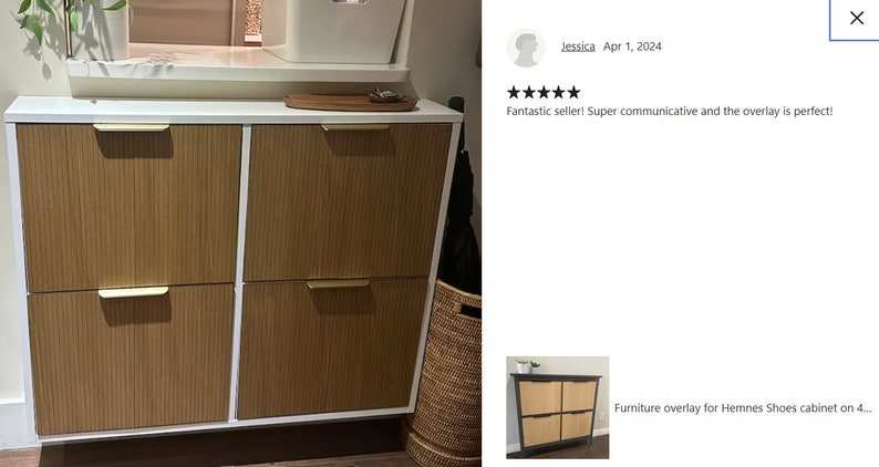May include: A white and wood-tone shoe cabinet with four doors and gold-colored handles. The cabinet has a white frame and a light brown, vertically-lined texture on the doors. The cabinet is a furniture overlay for Hemnes Shoes cabinet.