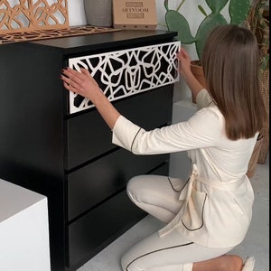 Malm dresser panels with abstract pattern, minimalistic style, wooden furniture overlays, decoration for malm kommode, ikea hacks image 2
