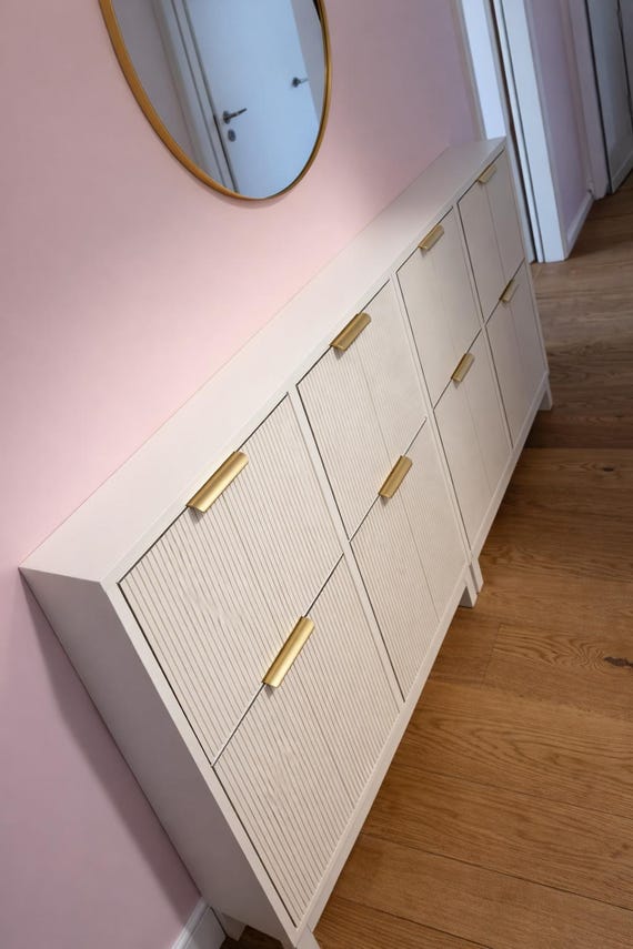 Furniture overlay for ikea shoes cabinet on 4 doors compartments, ikea hemnes overlay, ikea stall, shoe storage, modern oak decor