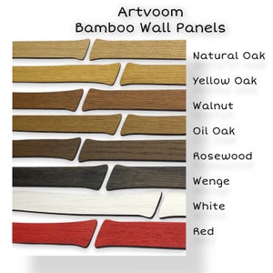 The photo shows colors of wood for wood wall slats :natural oak, yellow oak, oil oak, walnut, rosewood, white, wenge, red.

And new color green.