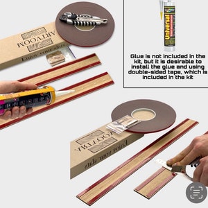 May include: A close-up of a brown wooden slat with a red stripe. The slat is being installed using double-sided tape. The text "Enjoy your slats" is visible on the box. Glue is not included in the kit, but it is desirable to install the glue and using double-sided tape, which is included in the kit.