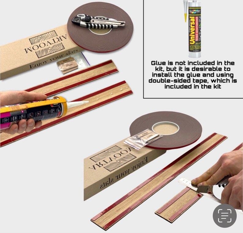 May include: A close-up of a brown wooden slat with a red stripe. The slat is being installed using double-sided tape. The text "Enjoy your slats" is visible on the box. Glue is not included in the kit, but it is desirable to install the glue and using double-sided tape, which is included in the kit.