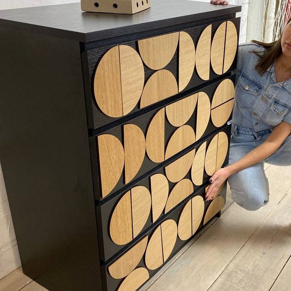 Half circle wood overlays for ikea malm dresser and other drawers, abstract decoration, dresser makeover, refurbished chest of drawers