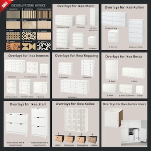 Op de afbeelding: Een productcatalogus met meubeloverlays voor IKEA-meubels, waaronder dressoirs, kasten en schoenenopslag. De afbeelding toont verschillende stijlen en patronen, zoals lamellen, chevrons en rotan, met tekstlabels voor elk ontwerp.
