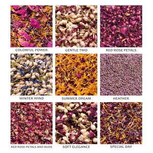 May include: Nine different types of dried flower petals for wedding confetti, including red rose petals, white jasmine, and lavender. The names of each type of petal are listed below each image.
