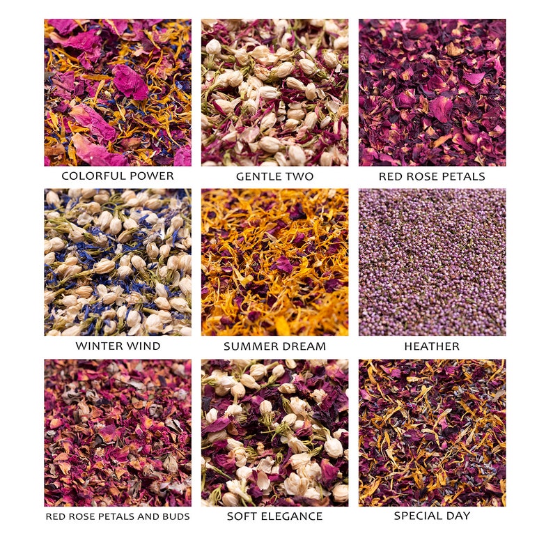 May include: Nine different types of dried flower petals for wedding confetti, including red rose petals, white jasmine, and lavender. The names of each type of petal are listed below each image.