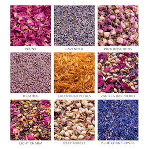May include: Assortment of dried flower petals in various colors, including pink, purple, white, blue, and orange. The petals are arranged in a grid pattern with labels for each type of flower: Peony, Lavender, Pink Rose Buds, Heather, Calendula Petals, Vanilla Raspberry, Light Charm, Deep Forest, and Blue Cornflower.
