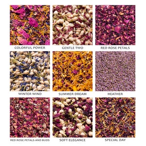 Puede incluir: Nueve tipos diferentes de p&eacute;talos de flores secas para confeti de boda, incluyendo p&eacute;talos de rosa roja, jazm&iacute;n blanco y lavanda. Los nombres de cada tipo de p&eacute;talo se enumeran debajo de cada imagen.