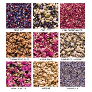 May include: Nine different types of dried flower petals and buds, arranged in a grid. The flowers include blue sky, one love, pink cornflower, yellow rose buds, magic pair, lavender harmony, new chapter, jasmine, and lavender.