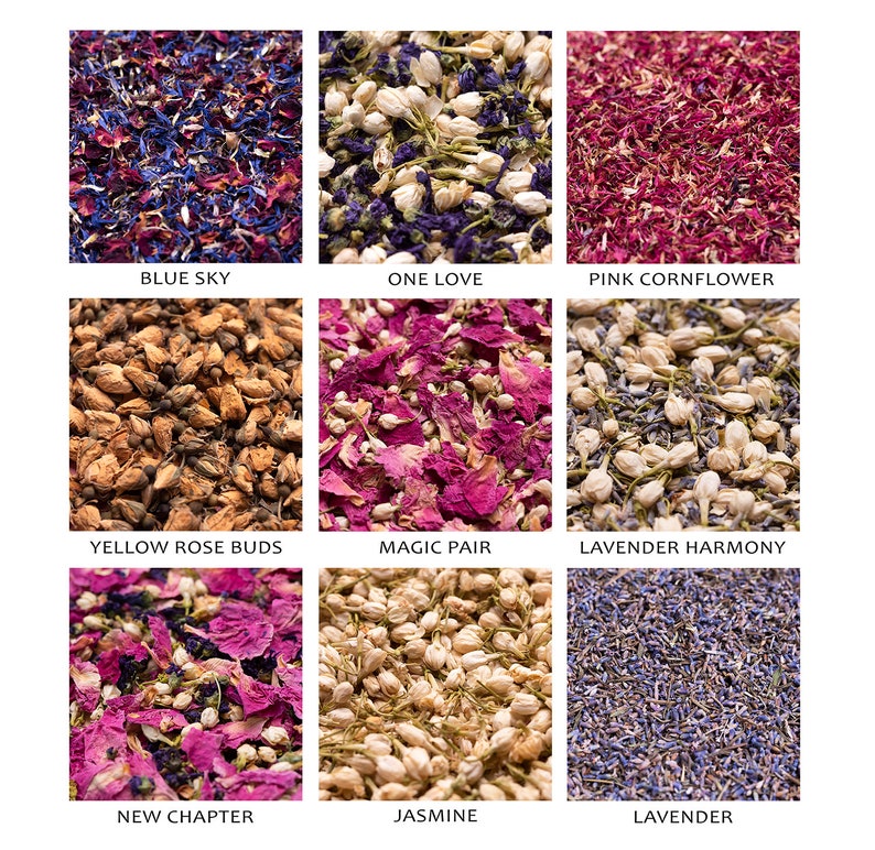 May include: Nine different types of dried flower petals and buds, arranged in a grid. The flowers include blue sky, one love, pink cornflower, yellow rose buds, magic pair, lavender harmony, new chapter, jasmine, and lavender.